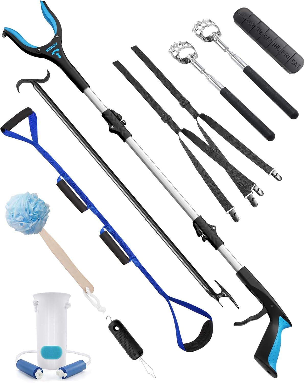 Kekoy 10 Piece Hip Replacement Recovery Aids for Limited Mobility with Grabber,Sock Aid,Dressing Stick with Shoehorn,Leg Lifter,Bath Sponge,Back Scratcher,Button Hook Helper,Pill Organizer(Blue)