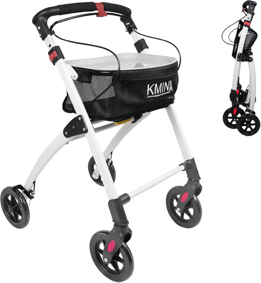 KMINA PRO - Folding Indoor Rollator with Tray, Narrow Walking Frame with Wheels, Mobility Walker Aids, Lightweight, Black